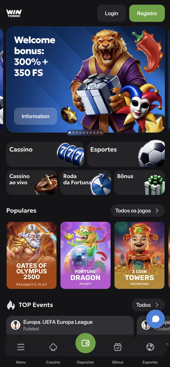 Wintomic no celular com o banner do bônus de boas-vindas de 300% + 350 FS e jogos populares